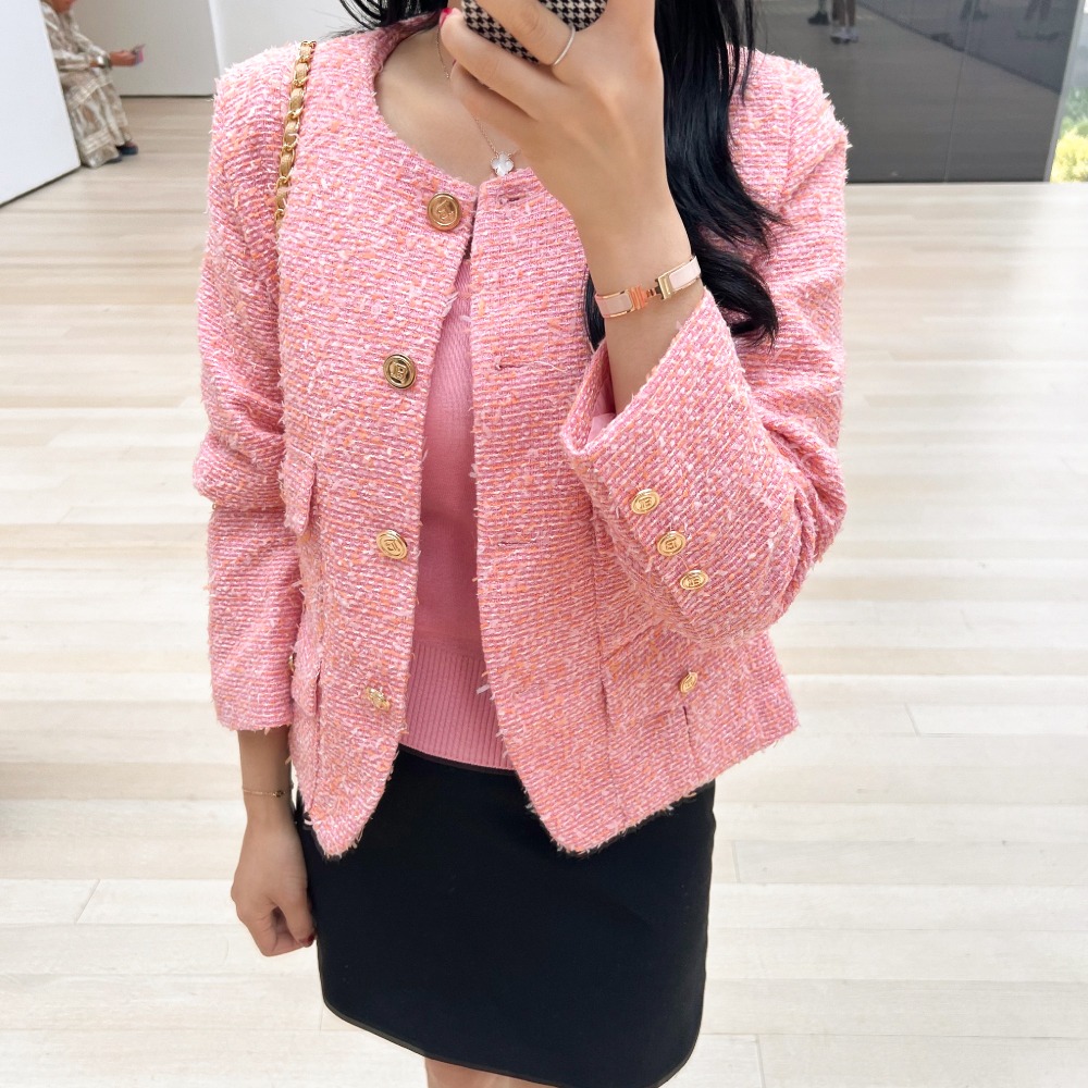[당일출고] 코코 고급 금장단추 핑크 트위드 자켓